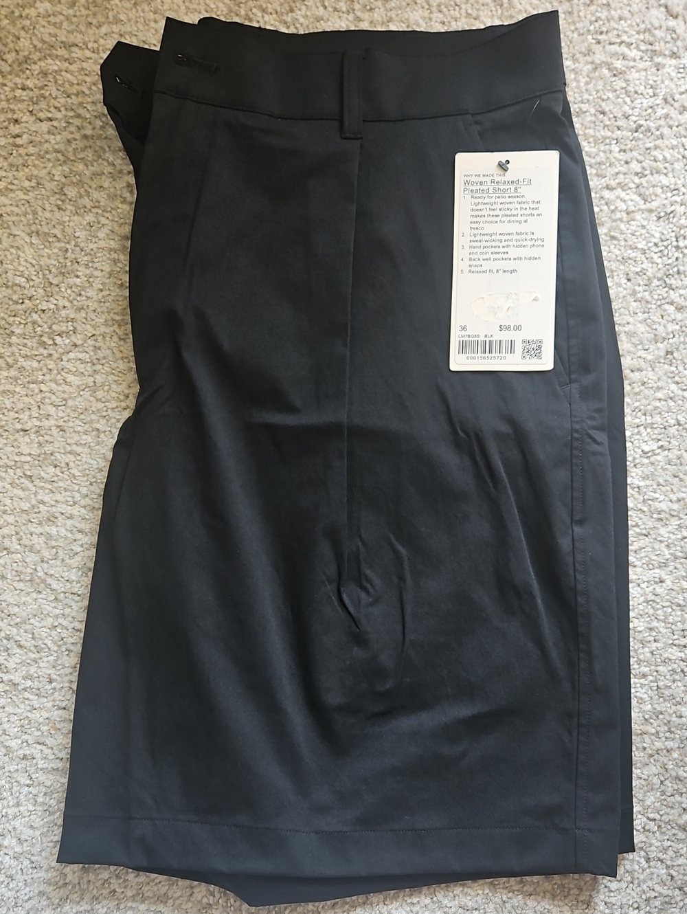 Lululemon Woven Relaxed-Fit Pleated Shorts 8" Black Size 36 NWT Lightweight